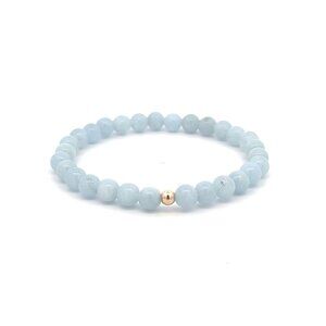 Natural Aquamarine 6mm Gemstone Stretch Bracelet with 14K Gold Polished Bead